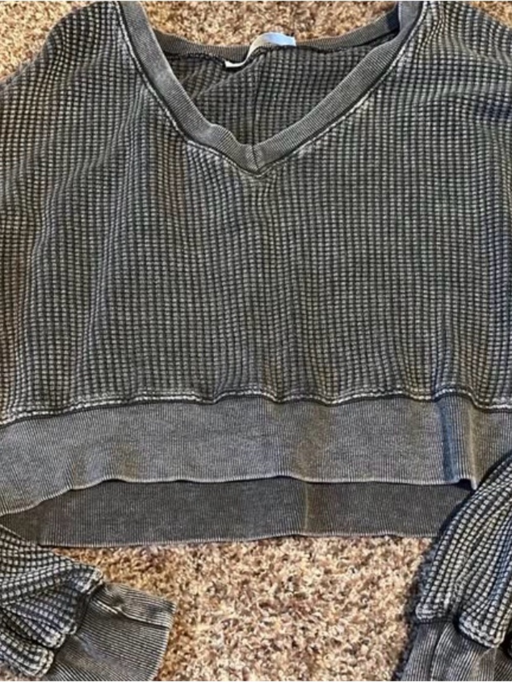 Altar'd State Charcoal Waffle-Knit V-Neck Cropped Top